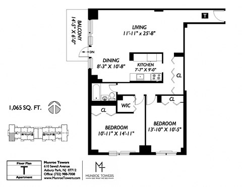 Floor plan for 2 beds, 1 bath, 1065 sqft